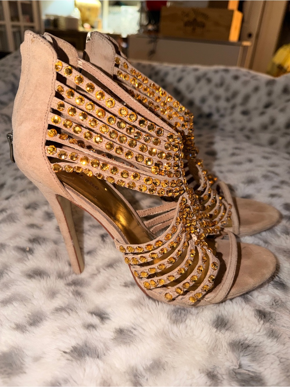 Ziti Soho Embellished Beige Suede High-Heel Sandals with Gold Crystal Accent